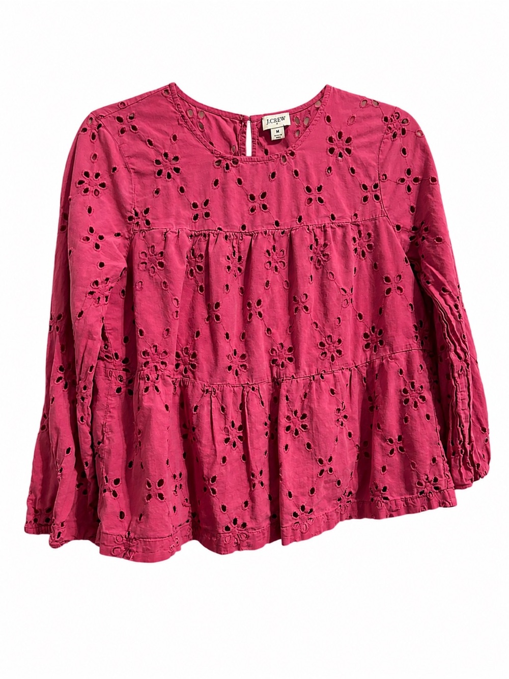 J.Crew Pink Eyelet Tiered Popover Top Medium Long Sleeve Boho Blouse feminine